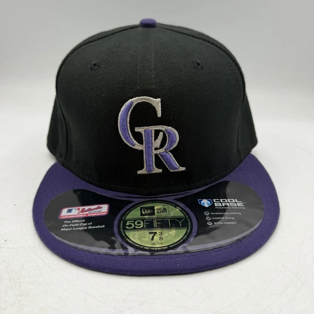 New Era 59Fifty Colorado Rockies Hat Cap 7 3/8 Black Purple Fitted MLB Baseball